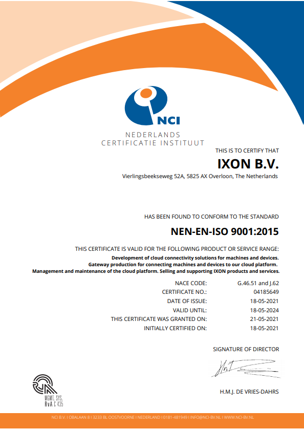 IXON erhält ISO 9001:2015 Zertifizierung, stärkt Qualitätskommitment